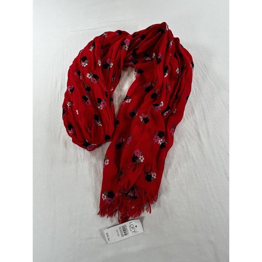 NEW Loft Springtime Floral Red Scarf 28" x 72" Fringe Lightweight - Picture 5 of 5